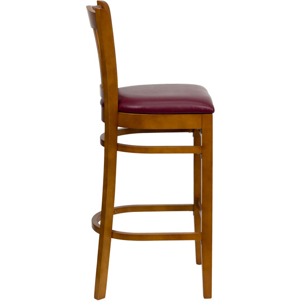 HERCULES Series Vertical Slat Back Cherry Wood Restaurant Barstool - Burgundy Vinyl Seat