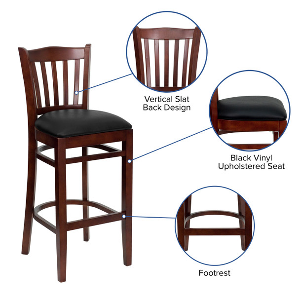 HERCULES Series Vertical Slat Back Mahogany Wood Restaurant Barstool - Black Vinyl Seat