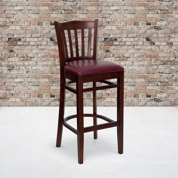 HERCULES Series Vertical Slat Back Mahogany Wood Restaurant Barstool - Burgundy Vinyl Seat