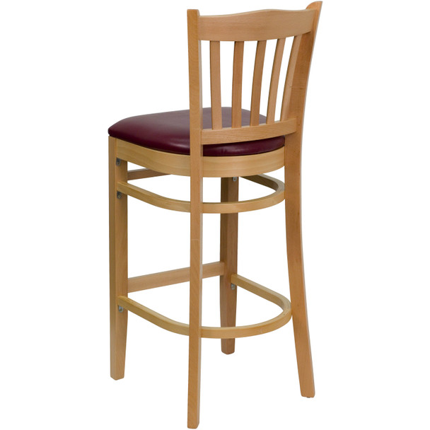 HERCULES Series Vertical Slat Back Natural Wood Restaurant Barstool - Burgundy Vinyl Seat