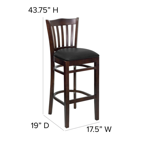 HERCULES Series Vertical Slat Back Walnut Wood Restaurant Barstool - Black Vinyl Seat