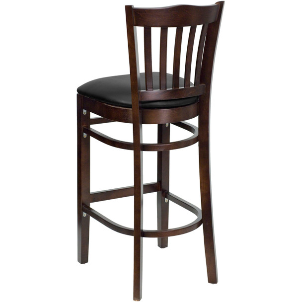 HERCULES Series Vertical Slat Back Walnut Wood Restaurant Barstool - Black Vinyl Seat