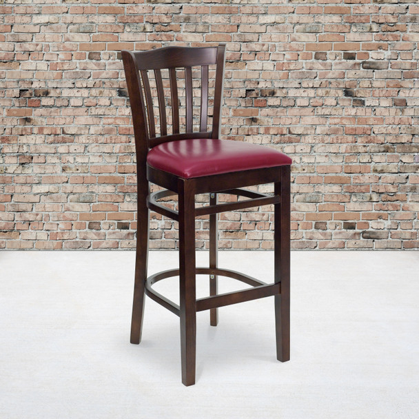 HERCULES Series Vertical Slat Back Walnut Wood Restaurant Barstool - Burgundy Vinyl Seat