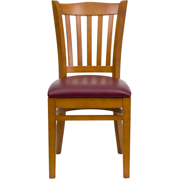 HERCULES Series Vertical Slat Back Cherry Wood Restaurant Chair - Burgundy Vinyl Seat