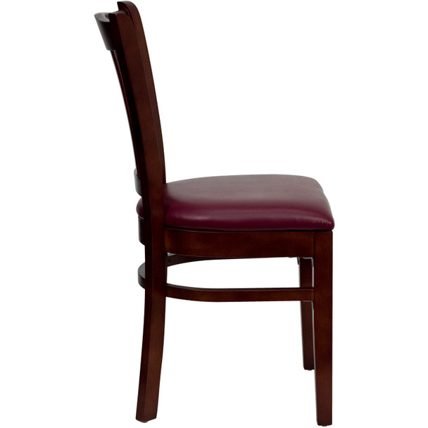 HERCULES Series Vertical Slat Back Mahogany Wood Restaurant Chair - Burgundy Vinyl Seat