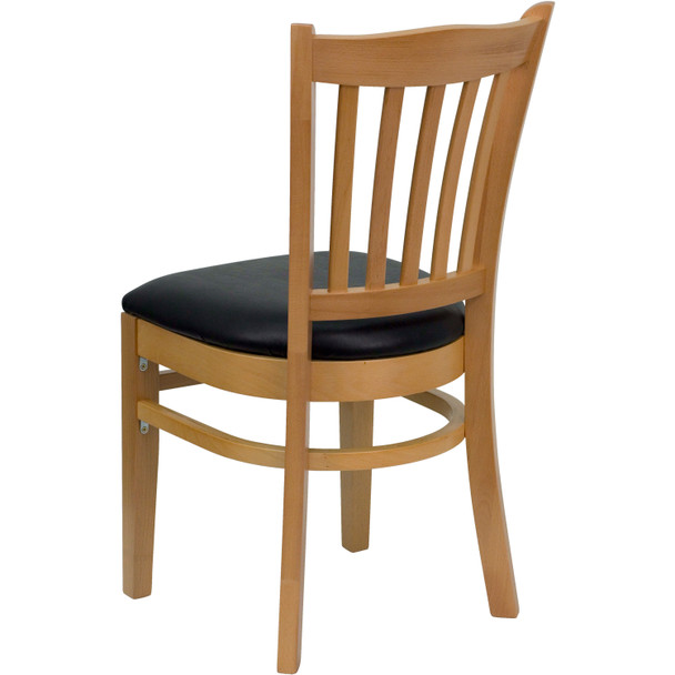 HERCULES Series Vertical Slat Back Natural Wood Restaurant Chair - Black Vinyl Seat