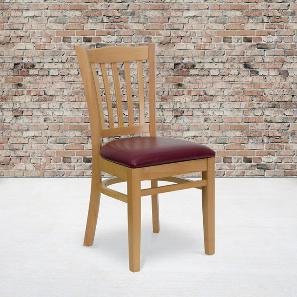 HERCULES Series Vertical Slat Back Natural Wood Restaurant Chair - Burgundy Vinyl Seat