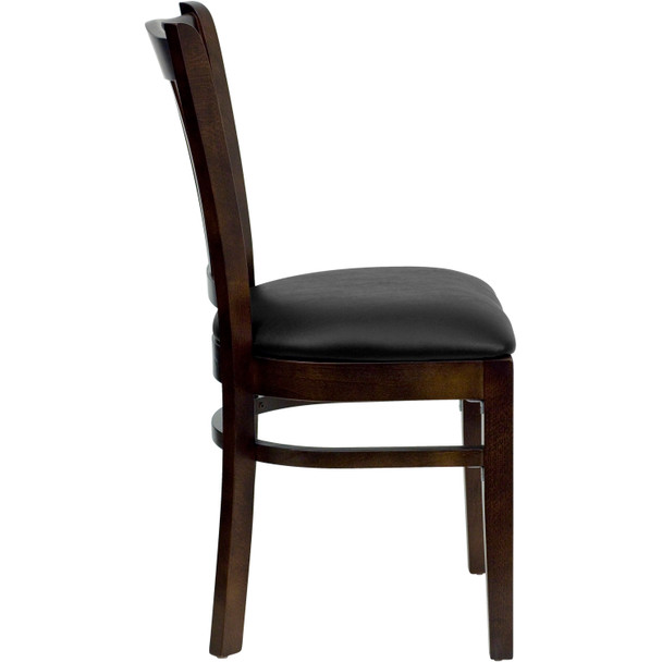 HERCULES Series Vertical Slat Back Walnut Wood Restaurant Chair - Black Vinyl Seat