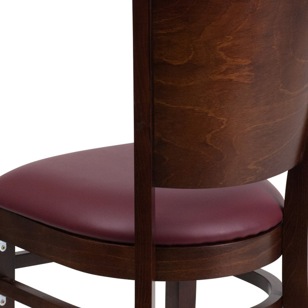 Lacey Series Solid Back Walnut Wood Restaurant Chair - Burgundy Vinyl Seat