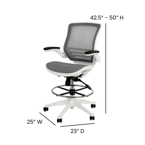 Waylon Mid-Back Transparent Gray Mesh Drafting Chair with White Frame and Flip-Up Arms