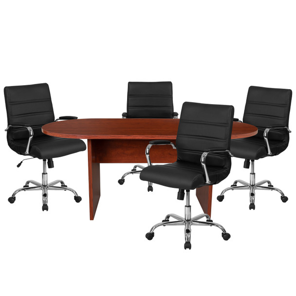 Lake 5 Piece Cherry Oval Conference Table Set with 4 Black and Chrome LeatherSoft Executive Chairs