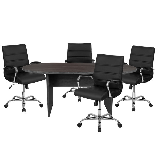 Lake 5 Piece Rustic Gray Oval Conference Table Set with 4 Black and Chrome LeatherSoft Executive Chairs