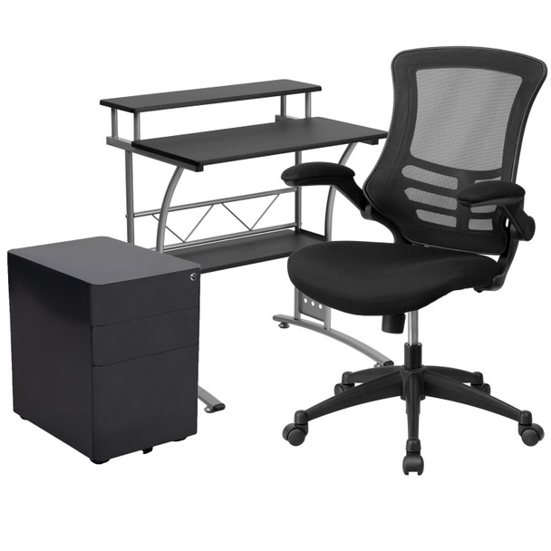 Calder Work From Home Kit - Black Computer Desk, Ergonomic Mesh Office Chair and Locking Mobile Filing Cabinet with Side Handles