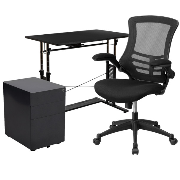 Stiles Work From Home Kit - Adjustable Computer Desk, Ergonomic Mesh Office Chair and Locking Mobile Filing Cabinet with Side Handles