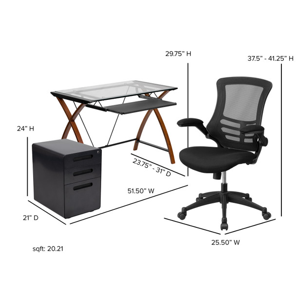 Stiles Work From Home Kit - Glass Desk with Keyboard Tray, Ergonomic Mesh Office Chair and Filing Cabinet with Lock & Inset Handles