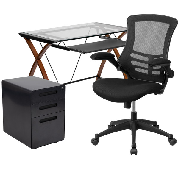 Stiles Work From Home Kit - Glass Desk with Keyboard Tray, Ergonomic Mesh Office Chair and Filing Cabinet with Lock & Inset Handles