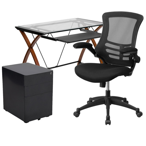 Stiles Work From Home Kit - Glass Desk with Keyboard Tray, Ergonomic Mesh Office Chair and Filing Cabinet with Lock & Side Handles