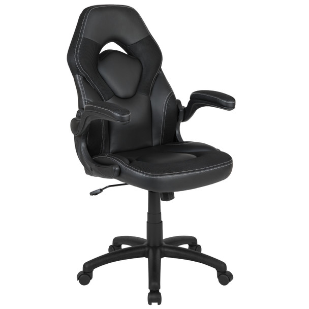 Optis Black Gaming Desk and Black Racing Chair Set with Cup Holder, Headphone Hook & 2 Wire Management Holes