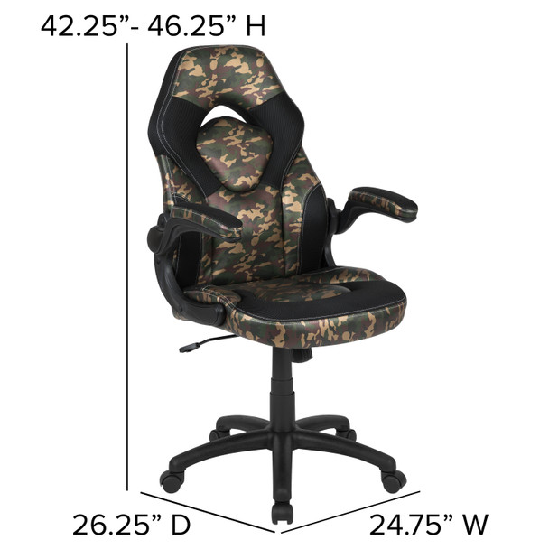 Optis Black Gaming Desk and Camouflage/Black Racing Chair Set with Cup Holder, Headphone Hook & 2 Wire Management Holes