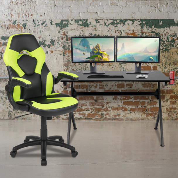 Optis Black Gaming Desk and Green/Black Racing Chair Set with Cup Holder, Headphone Hook & 2 Wire Management Holes
