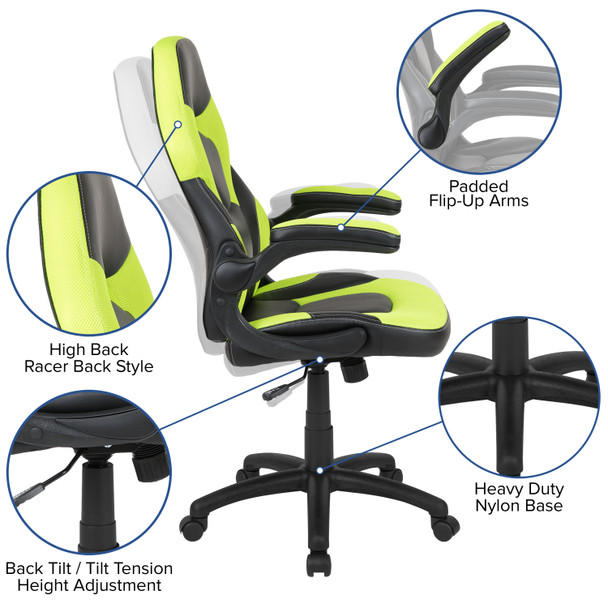 Optis Black Gaming Desk and Green/Black Racing Chair Set with Cup Holder, Headphone Hook & 2 Wire Management Holes