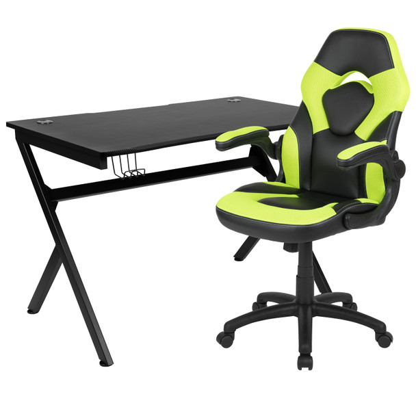 Optis Black Gaming Desk and Green/Black Racing Chair Set with Cup Holder, Headphone Hook & 2 Wire Management Holes