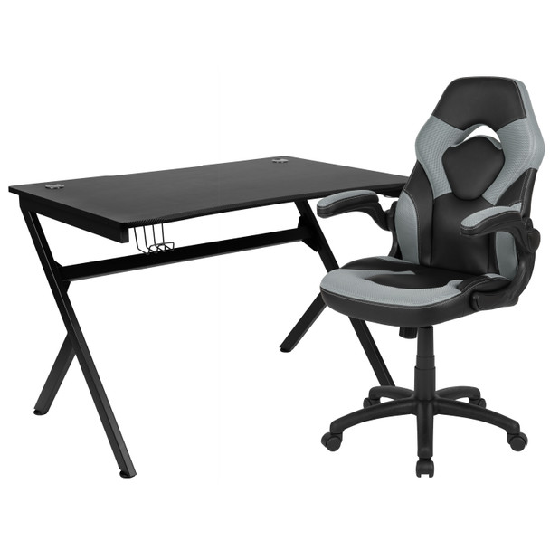 Optis Black Gaming Desk and Gray/Black Racing Chair Set with Cup Holder, Headphone Hook & 2 Wire Management Holes