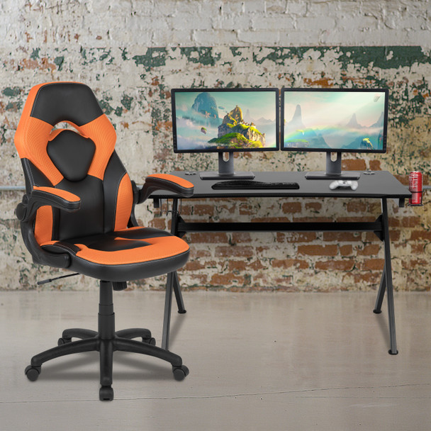 Optis Black Gaming Desk and Orange/Black Racing Chair Set with Cup Holder, Headphone Hook & 2 Wire Management Holes