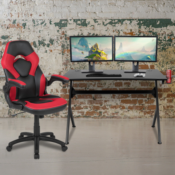 Optis Black Gaming Desk and Red/Black Racing Chair Set with Cup Holder, Headphone Hook & 2 Wire Management Holes