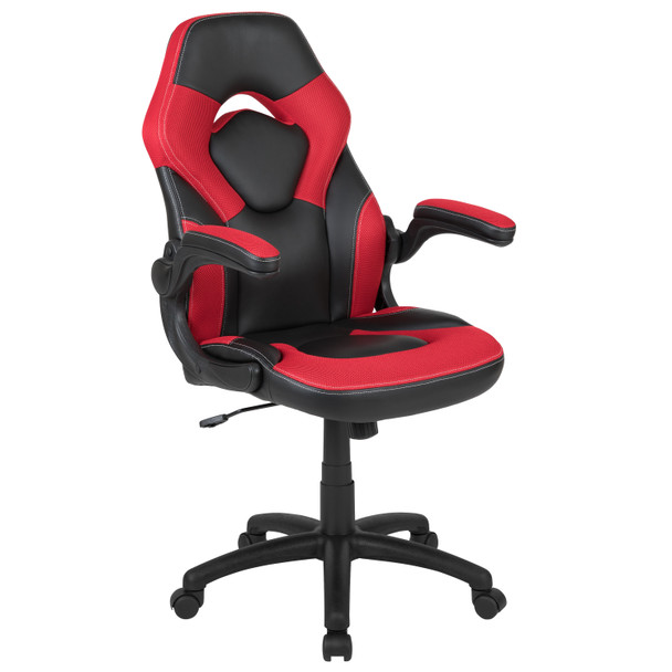 Optis Black Gaming Desk and Red/Black Racing Chair Set with Cup Holder, Headphone Hook & 2 Wire Management Holes