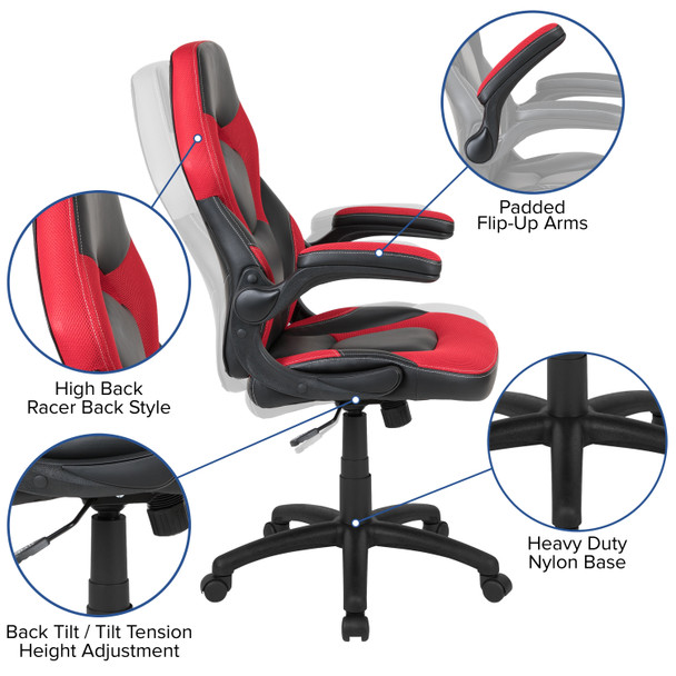 Optis Black Gaming Desk and Red/Black Racing Chair Set with Cup Holder, Headphone Hook & 2 Wire Management Holes