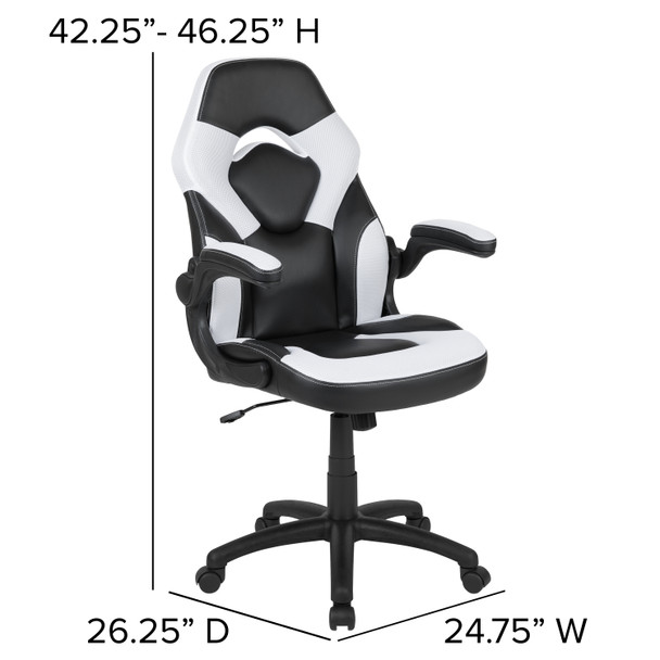 Optis Black Gaming Desk and White/Black Racing Chair Set with Cup Holder, Headphone Hook & 2 Wire Management Holes