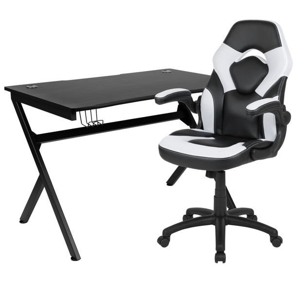 Optis Black Gaming Desk and White/Black Racing Chair Set with Cup Holder, Headphone Hook & 2 Wire Management Holes