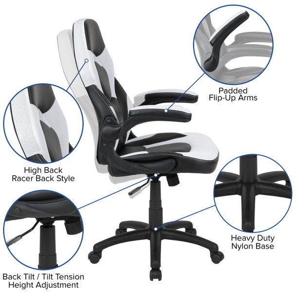 Optis Gaming Desk and White/Black Racing Chair Set /Cup Holder/Headphone Hook/Removable Mouse Pad Top - 2 Wire Management Holes