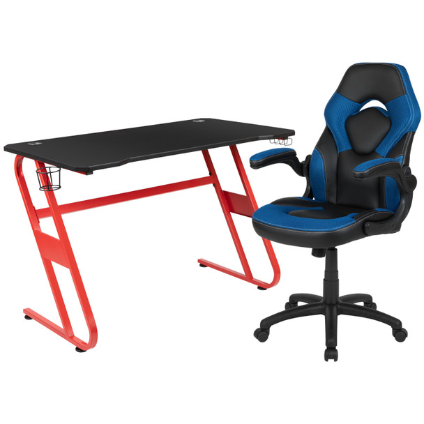 Optis Red Gaming Desk and Blue/Black Racing Chair Set with Cup Holder and Headphone Hook