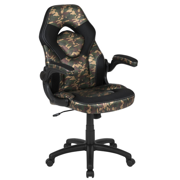Optis Red Gaming Desk and Camouflage/Black Racing Chair Set with Cup Holder and Headphone Hook