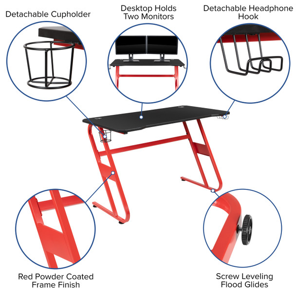 Optis Red Gaming Desk and Orange/Black Racing Chair Set with Cup Holder and Headphone Hook