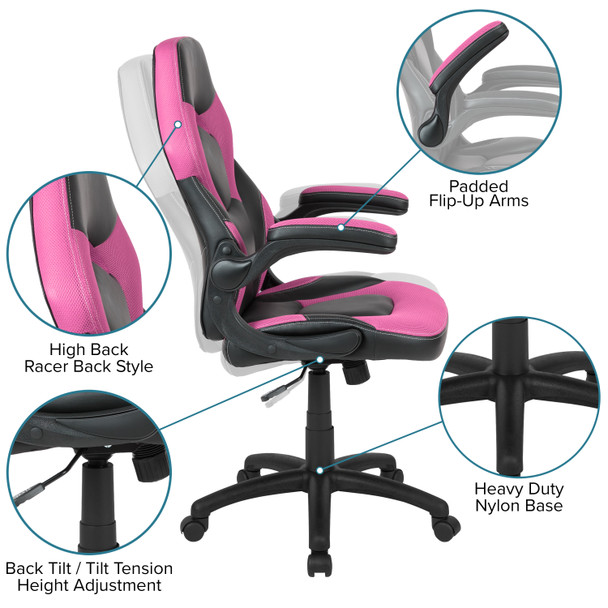 Optis Red Gaming Desk and Pink/Black Racing Chair Set with Cup Holder and Headphone Hook