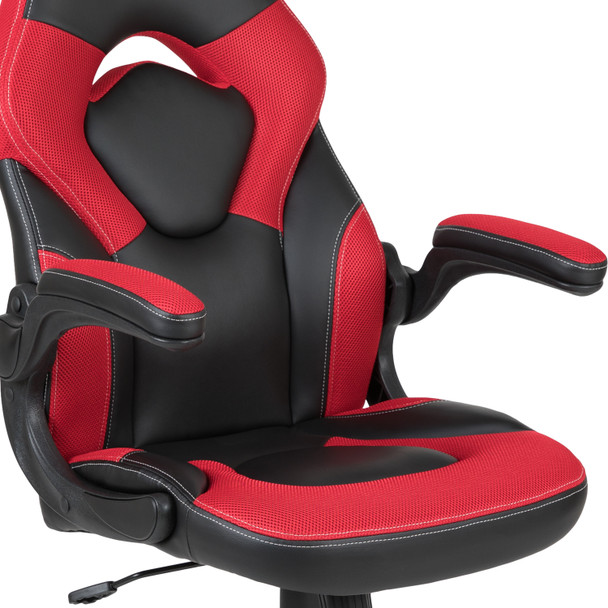 Optis Red Gaming Desk and Red/Black Racing Chair Set with Cup Holder and Headphone Hook