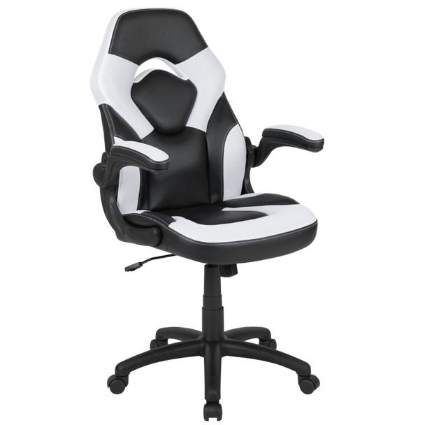Optis Red Gaming Desk and White/Black Racing Chair Set with Cup Holder and Headphone Hook