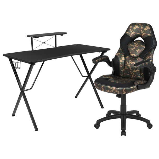 Optis Black Gaming Desk and Camouflage/Black Racing Chair Set with Cup Holder, Headphone Hook, and Monitor/Smartphone Stand