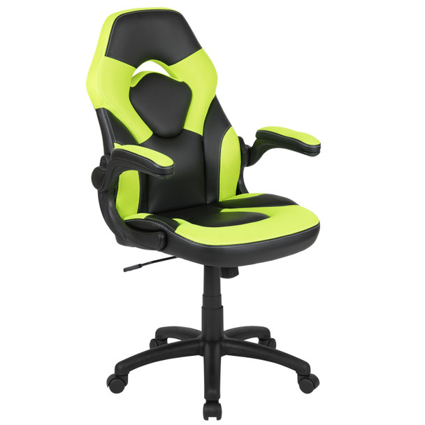 Optis Black Gaming Desk and Green/Black Racing Chair Set with Cup Holder, Headphone Hook, and Monitor/Smartphone Stand