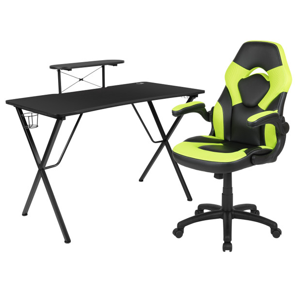 Optis Black Gaming Desk and Green/Black Racing Chair Set with Cup Holder, Headphone Hook, and Monitor/Smartphone Stand