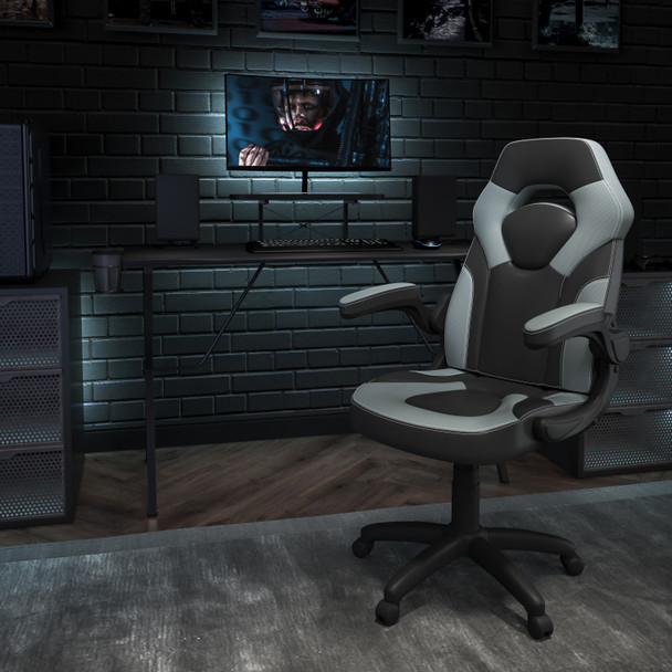 Optis Black Gaming Desk and Gray/Black Racing Chair Set with Cup Holder, Headphone Hook, and Monitor/Smartphone Stand