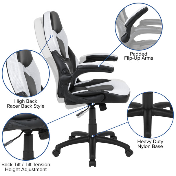 Optis Black Gaming Desk and White/Black Racing Chair Set with Cup Holder, Headphone Hook, and Monitor/Smartphone Stand