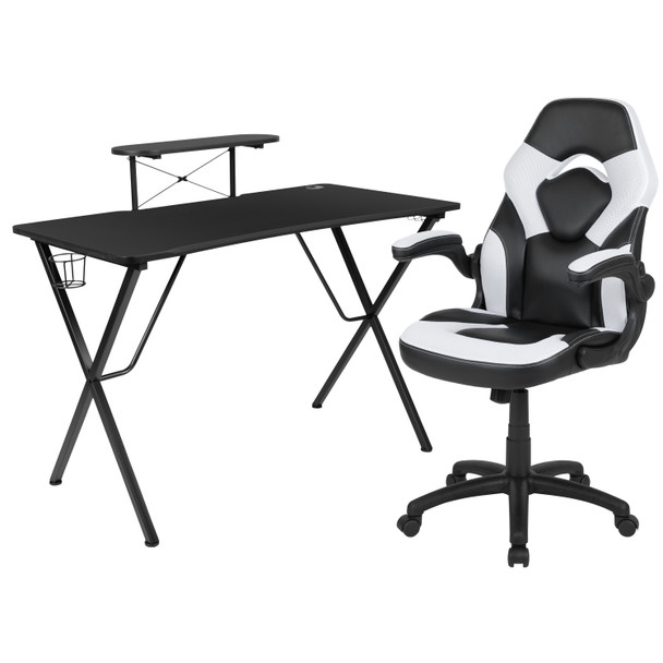 Optis Black Gaming Desk and White/Black Racing Chair Set with Cup Holder, Headphone Hook, and Monitor/Smartphone Stand