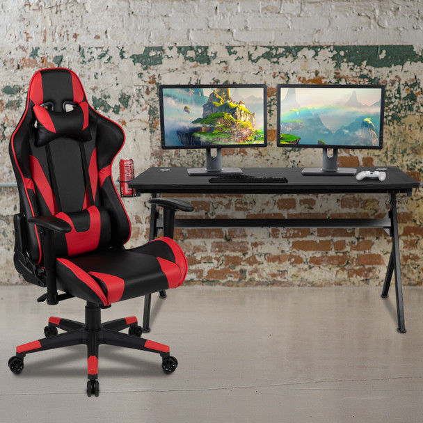 Optis Gaming Desk and Red/Black Reclining Gaming Chair Set /Cup Holder/Headphone Hook/Removable Mouse Pad Top - Wire Management