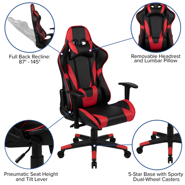 Optis Gaming Desk and Red/Black Reclining Gaming Chair Set /Cup Holder/Headphone Hook/Removable Mouse Pad Top - Wire Management