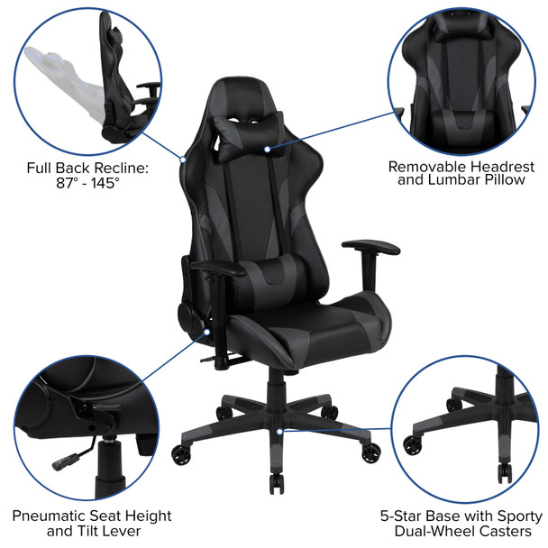 Optis Black Gaming Desk and Gray Reclining Gaming Chair Set with Cup Holder, Headphone Hook, and Monitor/Smartphone Stand
