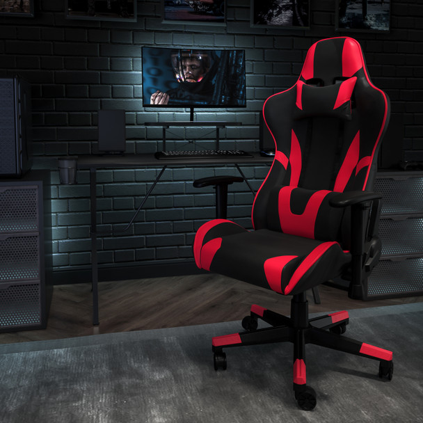 Optis Black Gaming Desk and Red/Black Reclining Gaming Chair Set with Cup Holder, Headphone Hook, and Monitor/Smartphone Stand